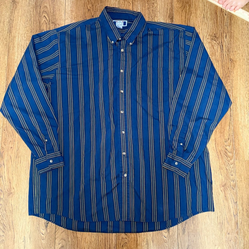90s Sutter & Grant Mens 2XLT Striped Button Down Shirt Navy Gold Long Sleeve VTG